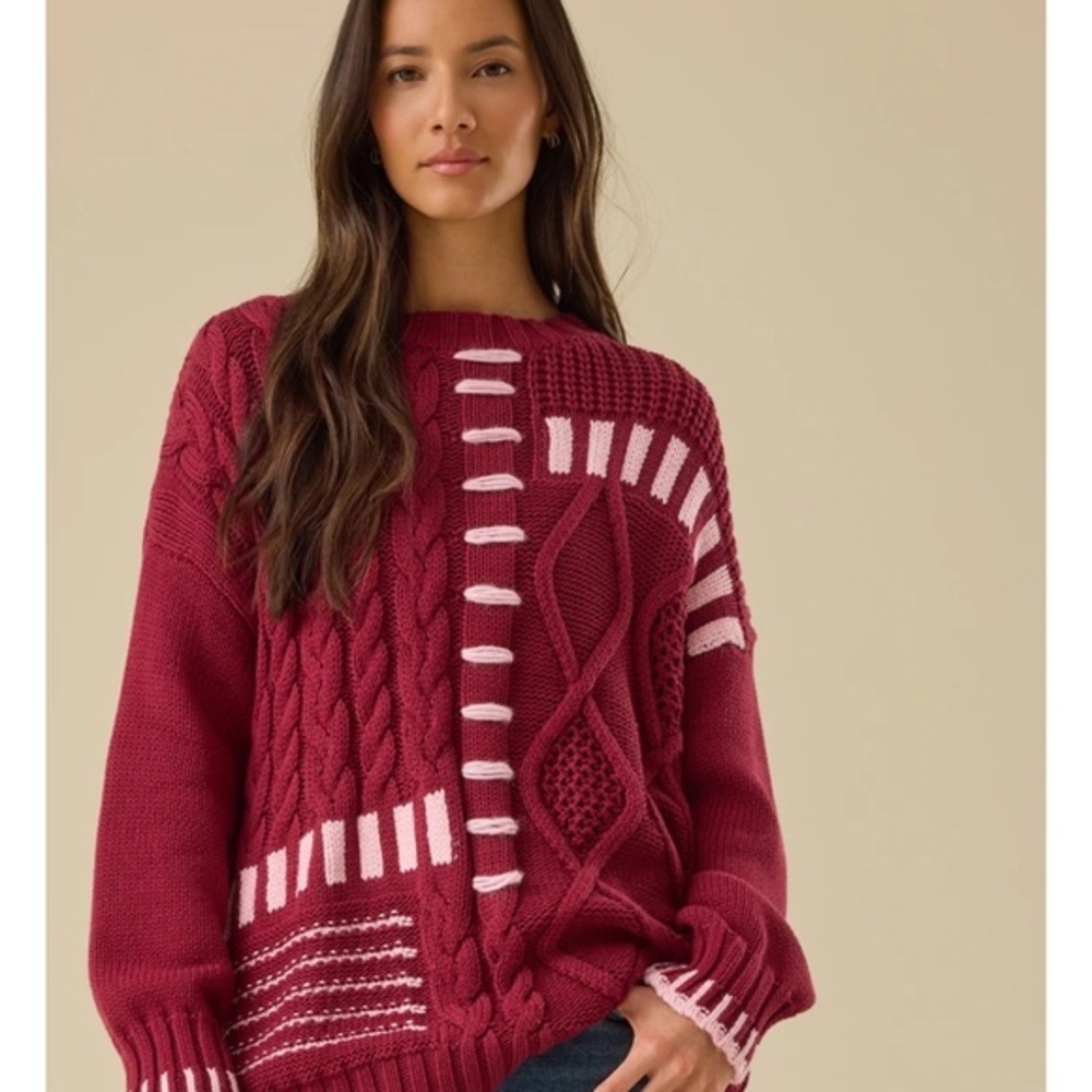 Altar'd State Maroon and Pink Patchwork Sweater
